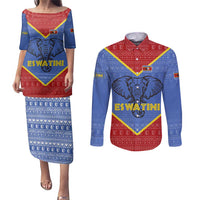 Eswatini Elephant Couples Matching Puletasi and Long Sleeve Button Shirt with Tribal Print and National Flag Details