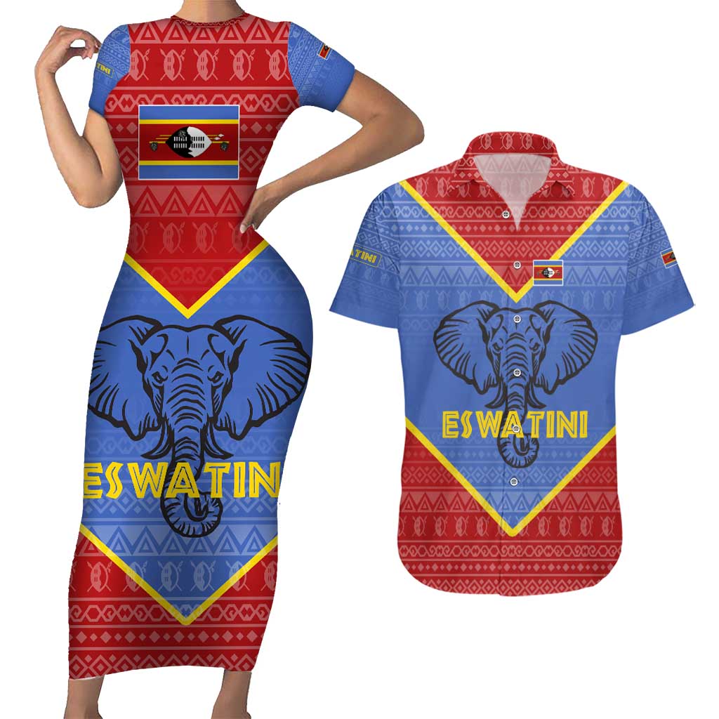 Eswatini Elephant Couples Matching Short Sleeve Bodycon Dress and Hawaiian Shirt with Tribal Print and National Flag Details