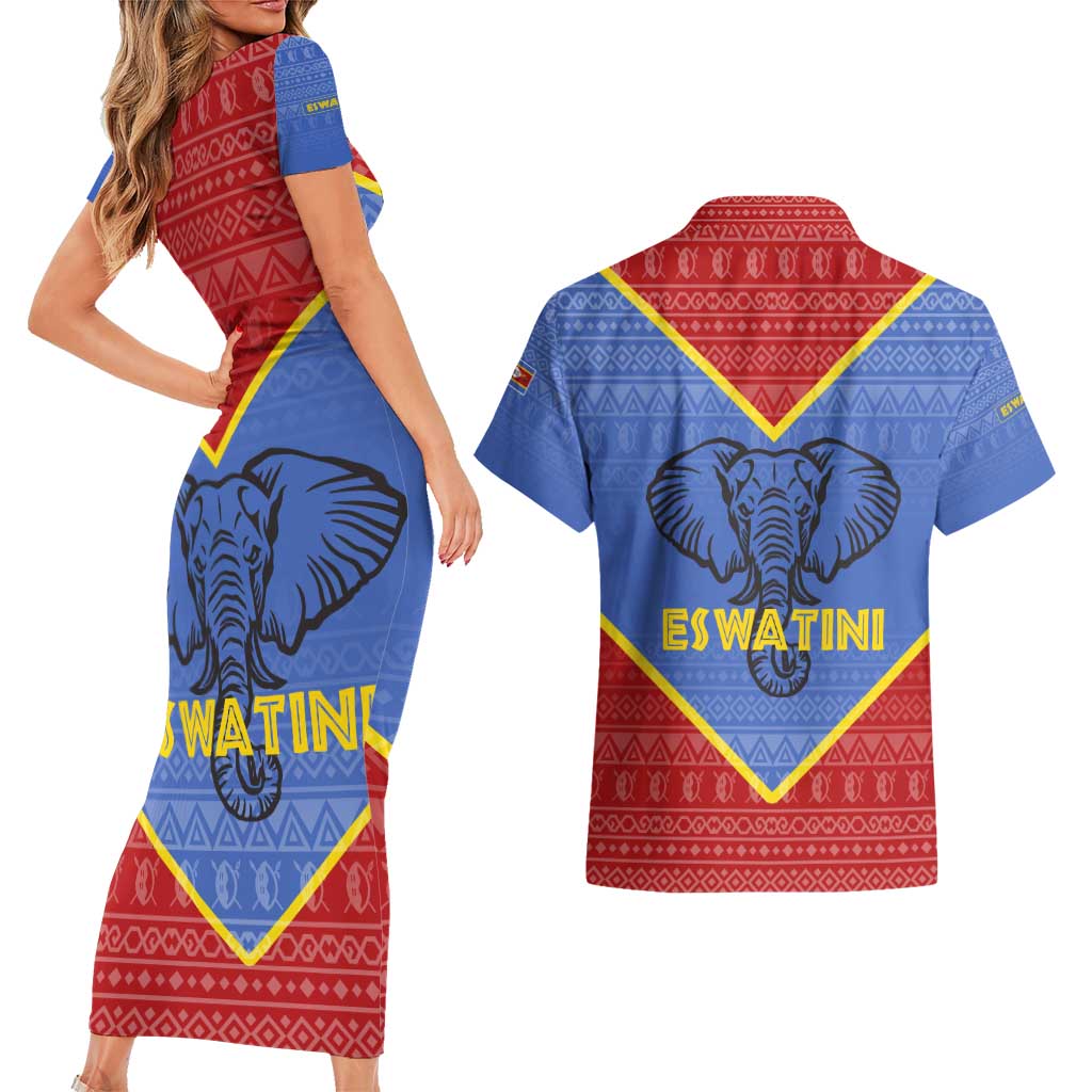 Eswatini Elephant Couples Matching Short Sleeve Bodycon Dress and Hawaiian Shirt with Tribal Print and National Flag Details