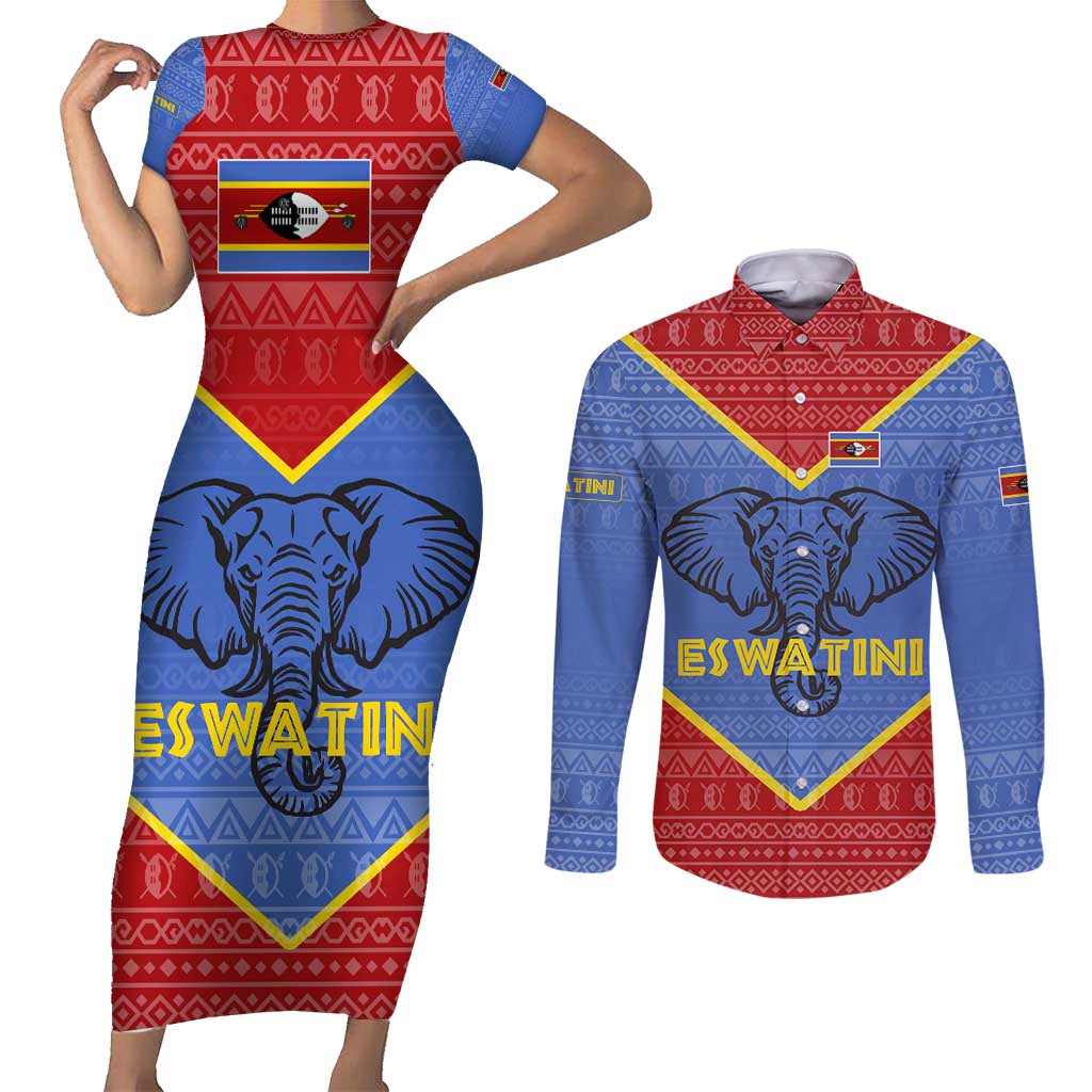 Eswatini Elephant Couples Matching Short Sleeve Bodycon Dress and Long Sleeve Button Shirt with Tribal Print and National Flag Details