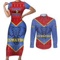 Eswatini Elephant Couples Matching Short Sleeve Bodycon Dress and Long Sleeve Button Shirt with Tribal Print and National Flag Details