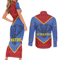 Eswatini Elephant Couples Matching Short Sleeve Bodycon Dress and Long Sleeve Button Shirt with Tribal Print and National Flag Details