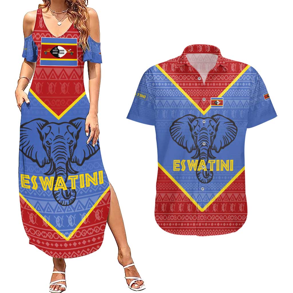 Eswatini Elephant Couples Matching Summer Maxi Dress and Hawaiian Shirt with Tribal Print and National Flag Details