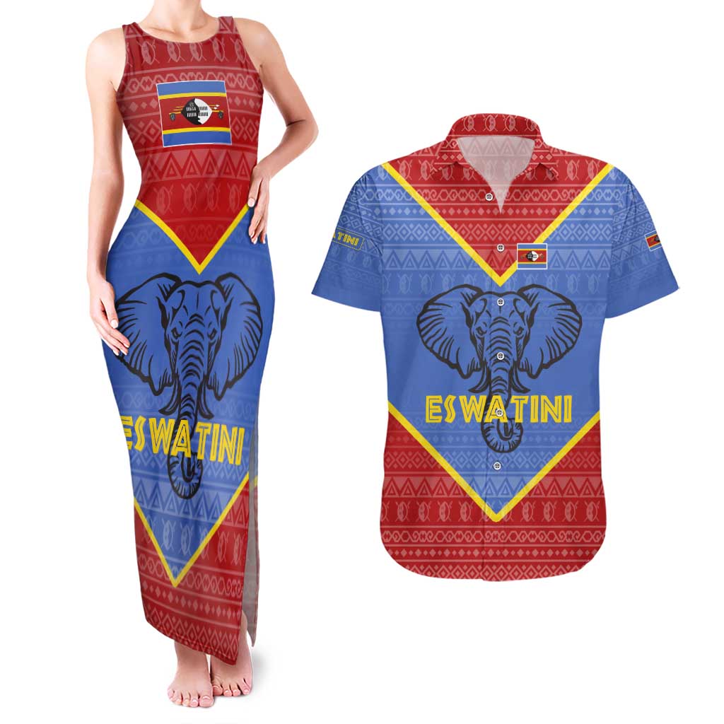 Eswatini Elephant Couples Matching Tank Maxi Dress and Hawaiian Shirt with Tribal Print and National Flag Details