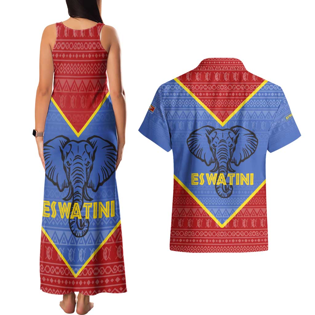 Eswatini Elephant Couples Matching Tank Maxi Dress and Hawaiian Shirt with Tribal Print and National Flag Details