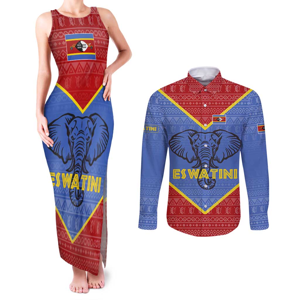 Eswatini Elephant Couples Matching Tank Maxi Dress and Long Sleeve Button Shirt with Tribal Print and National Flag Details