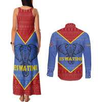 Eswatini Elephant Couples Matching Tank Maxi Dress and Long Sleeve Button Shirt with Tribal Print and National Flag Details