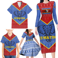 Eswatini Elephant Family Matching Long Sleeve Bodycon Dress and Hawaiian Shirt with Tribal Print and National Flag Details