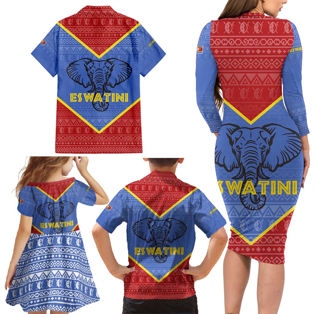 Eswatini Elephant Family Matching Long Sleeve Bodycon Dress and Hawaiian Shirt with Tribal Print and National Flag Details