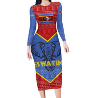 Eswatini Elephant Family Matching Long Sleeve Bodycon Dress and Hawaiian Shirt with Tribal Print and National Flag Details