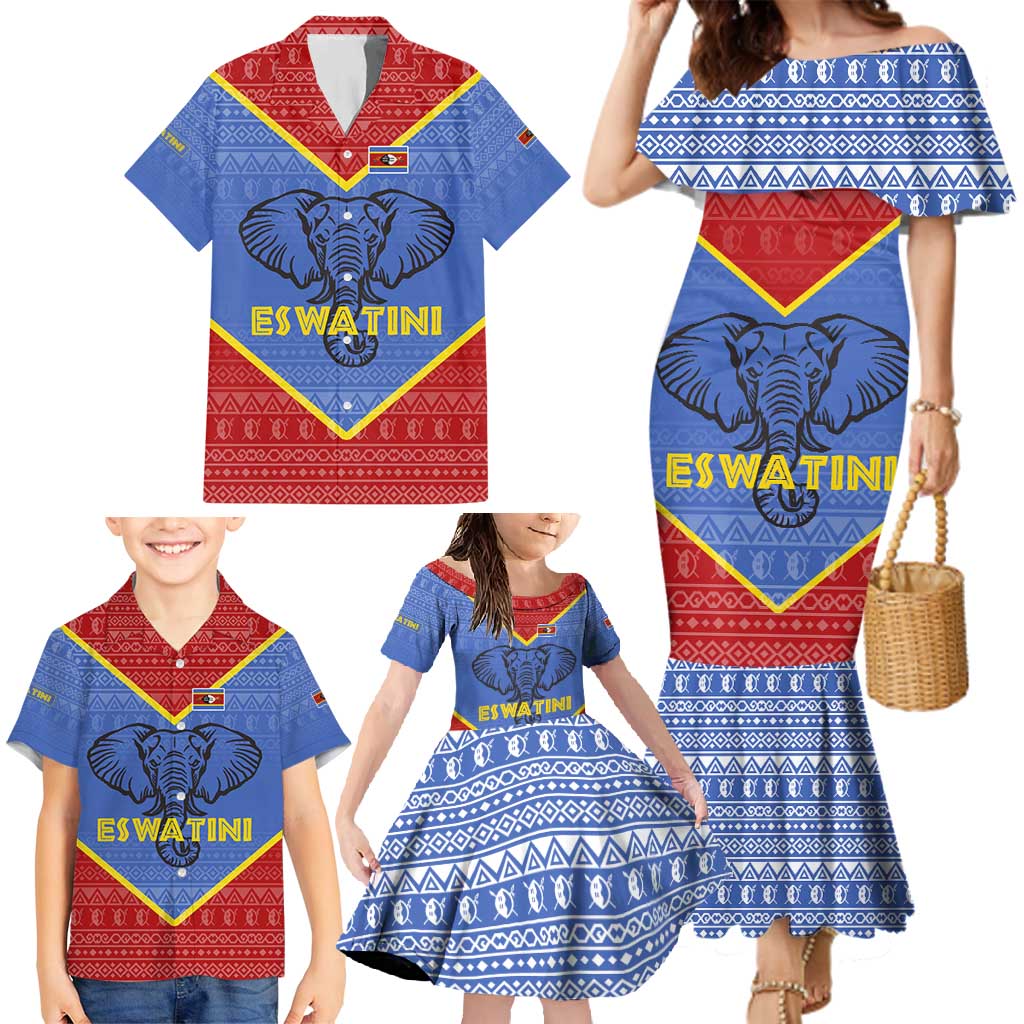 Eswatini Elephant Family Matching Mermaid Dress and Hawaiian Shirt with Tribal Print and National Flag Details