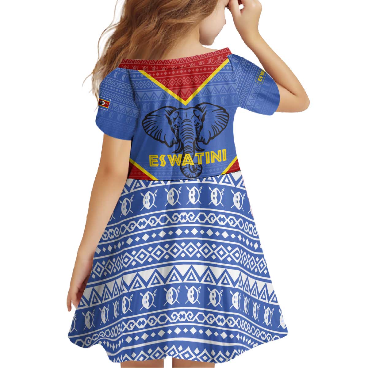 Eswatini Elephant Family Matching Off The Shoulder Long Sleeve Dress and Hawaiian Shirt with Tribal Print and National Flag Details