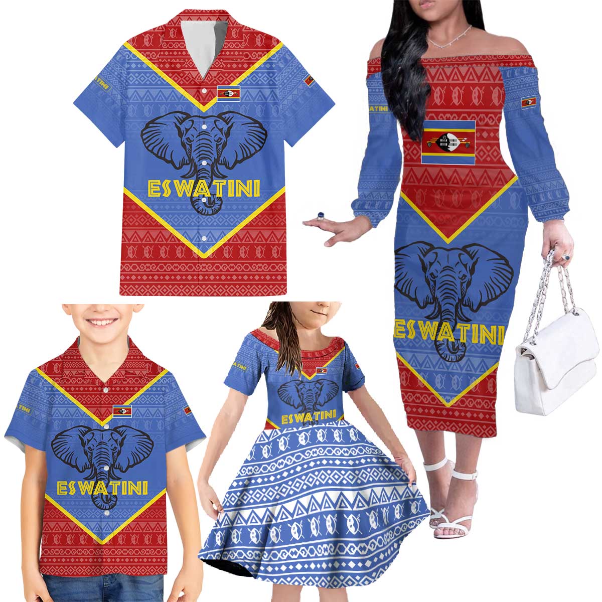 Eswatini Elephant Family Matching Off The Shoulder Long Sleeve Dress and Hawaiian Shirt with Tribal Print and National Flag Details
