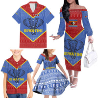 Eswatini Elephant Family Matching Off The Shoulder Long Sleeve Dress and Hawaiian Shirt with Tribal Print and National Flag Details