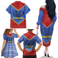 Eswatini Elephant Family Matching Off The Shoulder Long Sleeve Dress and Hawaiian Shirt with Tribal Print and National Flag Details
