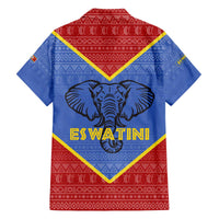 Eswatini Elephant Family Matching Off The Shoulder Long Sleeve Dress and Hawaiian Shirt with Tribal Print and National Flag Details