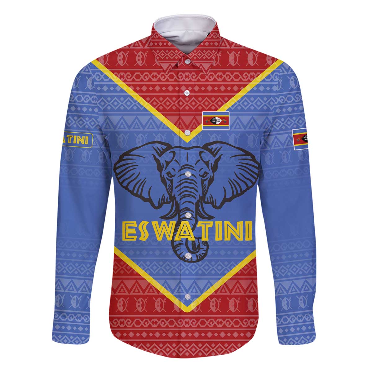 Eswatini Elephant Family Matching Off The Shoulder Long Sleeve Dress and Hawaiian Shirt with Tribal Print and National Flag Details