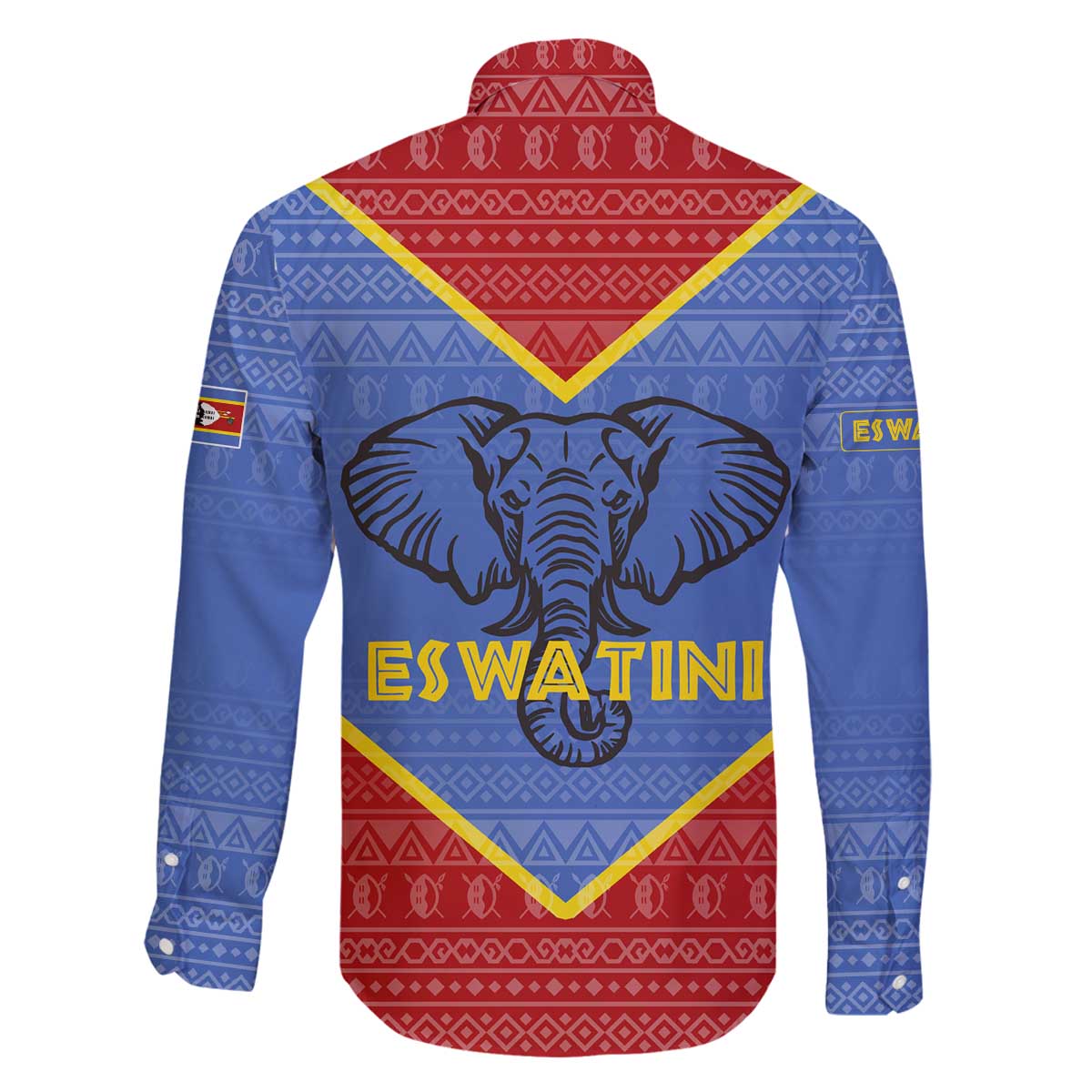 Eswatini Elephant Family Matching Off The Shoulder Long Sleeve Dress and Hawaiian Shirt with Tribal Print and National Flag Details