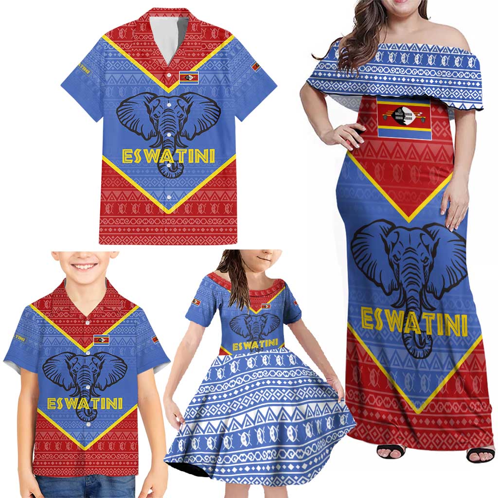 Eswatini Elephant Family Matching Off Shoulder Maxi Dress and Hawaiian Shirt with Tribal Print and National Flag Details
