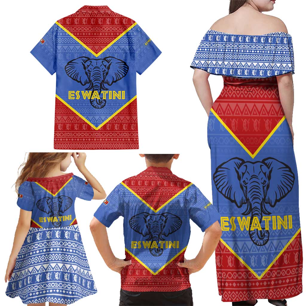 Eswatini Elephant Family Matching Off Shoulder Maxi Dress and Hawaiian Shirt with Tribal Print and National Flag Details
