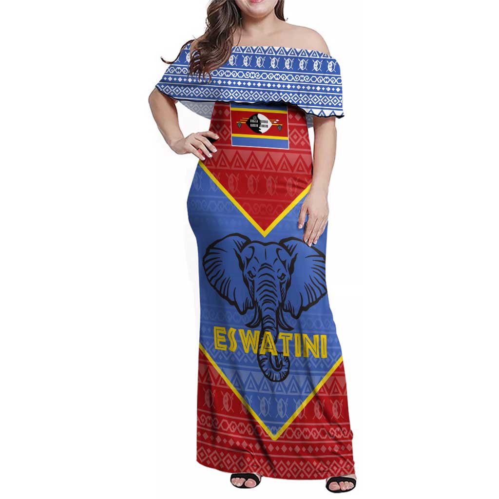 Eswatini Elephant Family Matching Off Shoulder Maxi Dress and Hawaiian Shirt with Tribal Print and National Flag Details