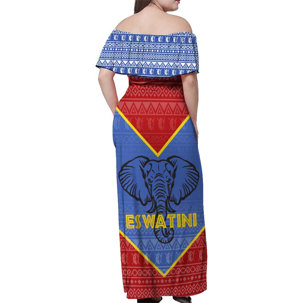 Eswatini Elephant Family Matching Off Shoulder Maxi Dress and Hawaiian Shirt with Tribal Print and National Flag Details