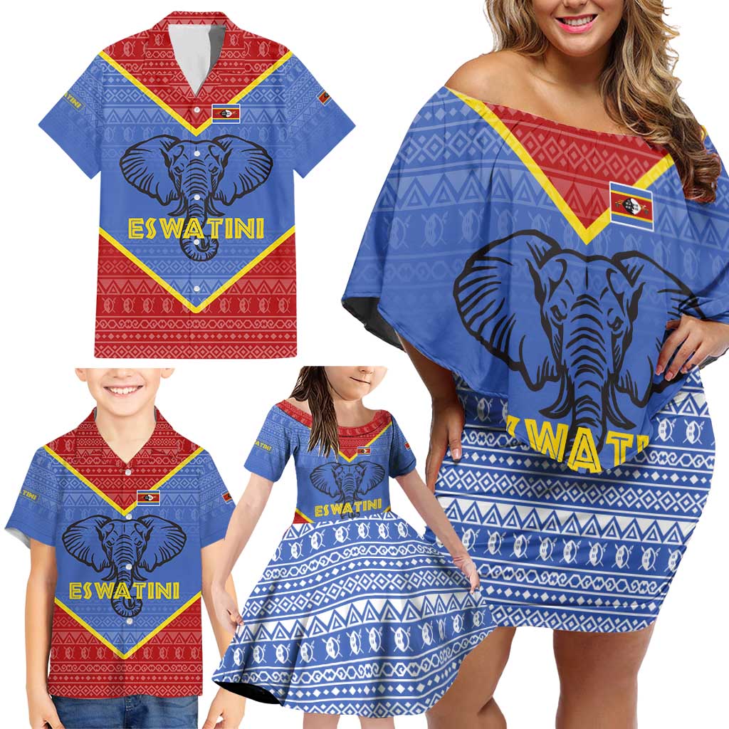 Eswatini Elephant Family Matching Off Shoulder Short Dress and Hawaiian Shirt with Tribal Print and National Flag Details