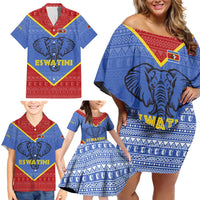 Eswatini Elephant Family Matching Off Shoulder Short Dress and Hawaiian Shirt with Tribal Print and National Flag Details