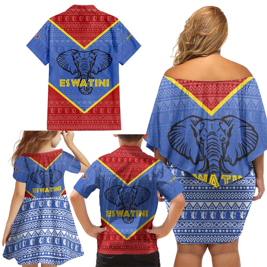 Eswatini Elephant Family Matching Off Shoulder Short Dress and Hawaiian Shirt with Tribal Print and National Flag Details