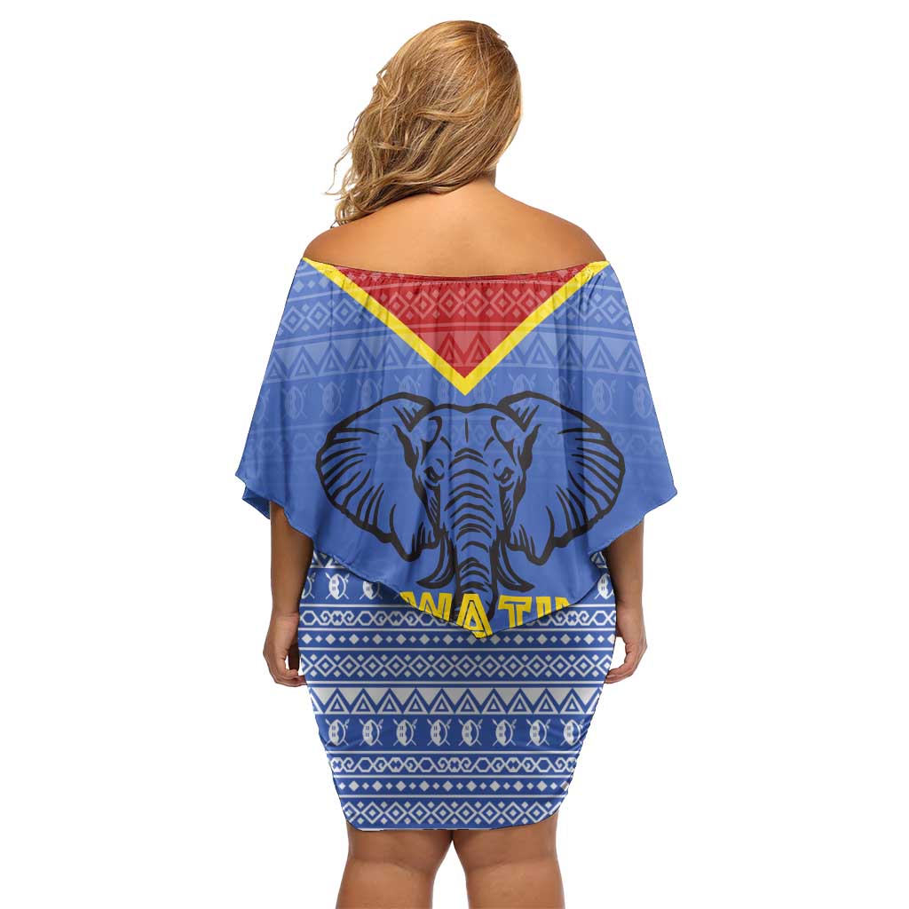 Eswatini Elephant Family Matching Off Shoulder Short Dress and Hawaiian Shirt with Tribal Print and National Flag Details