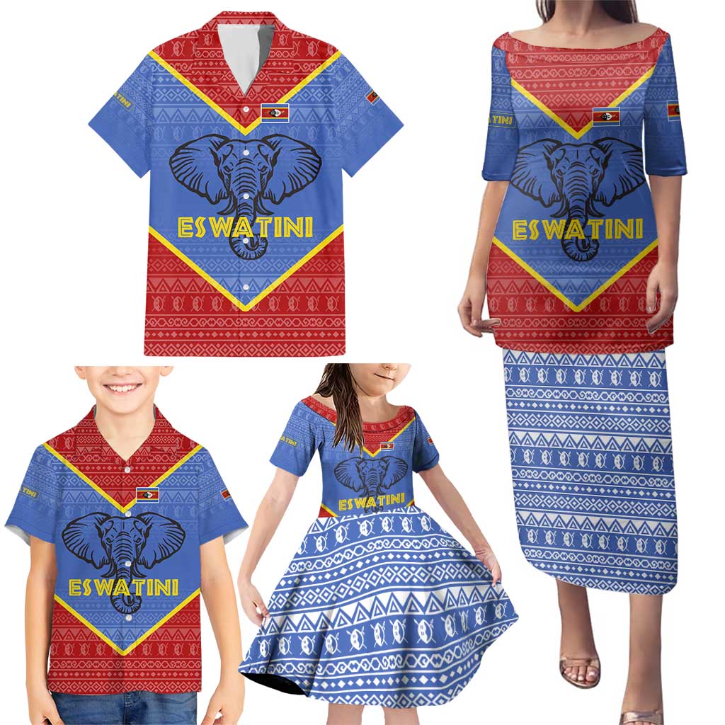 Eswatini Elephant Family Matching Puletasi and Hawaiian Shirt with Tribal Print and National Flag Details