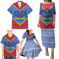 Eswatini Elephant Family Matching Puletasi and Hawaiian Shirt with Tribal Print and National Flag Details
