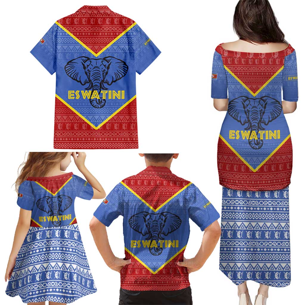 Eswatini Elephant Family Matching Puletasi and Hawaiian Shirt with Tribal Print and National Flag Details