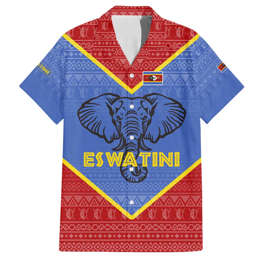 Eswatini Elephant Family Matching Puletasi and Hawaiian Shirt with Tribal Print and National Flag Details