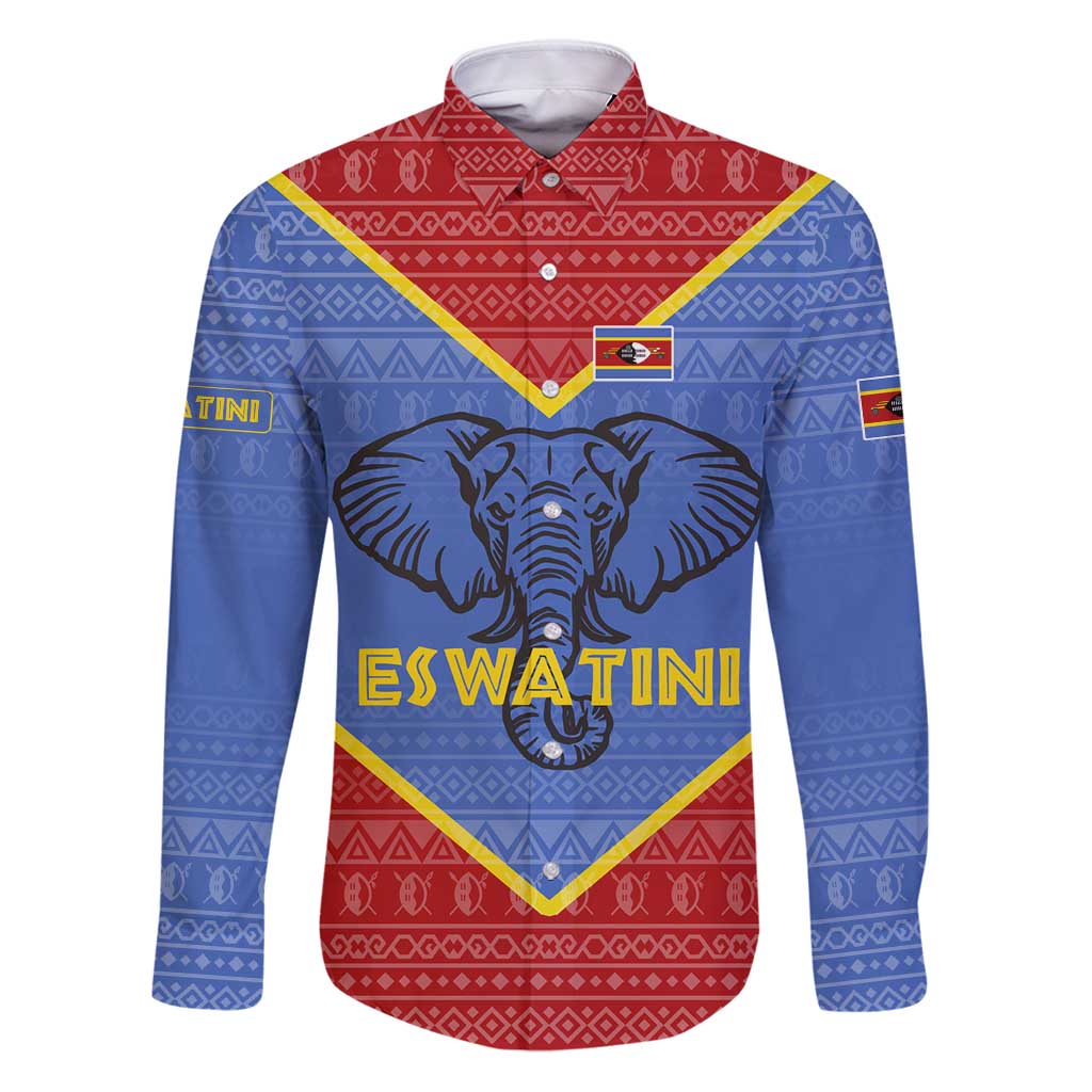 Eswatini Elephant Family Matching Puletasi and Hawaiian Shirt with Tribal Print and National Flag Details