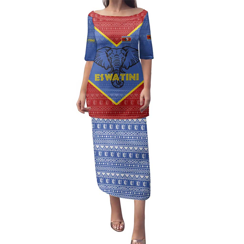 Eswatini Elephant Family Matching Puletasi and Hawaiian Shirt with Tribal Print and National Flag Details