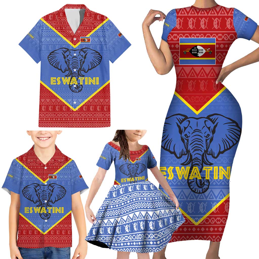 Eswatini Elephant Family Matching Short Sleeve Bodycon Dress and Hawaiian Shirt with Tribal Print and National Flag Details