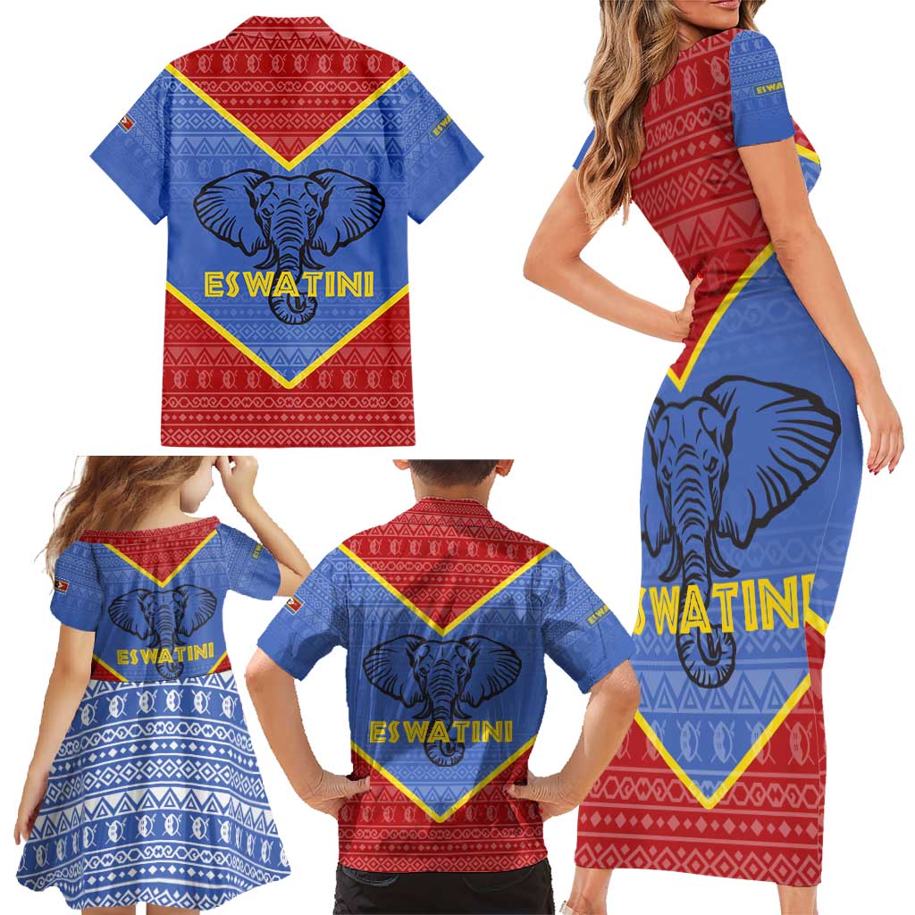 Eswatini Elephant Family Matching Short Sleeve Bodycon Dress and Hawaiian Shirt with Tribal Print and National Flag Details