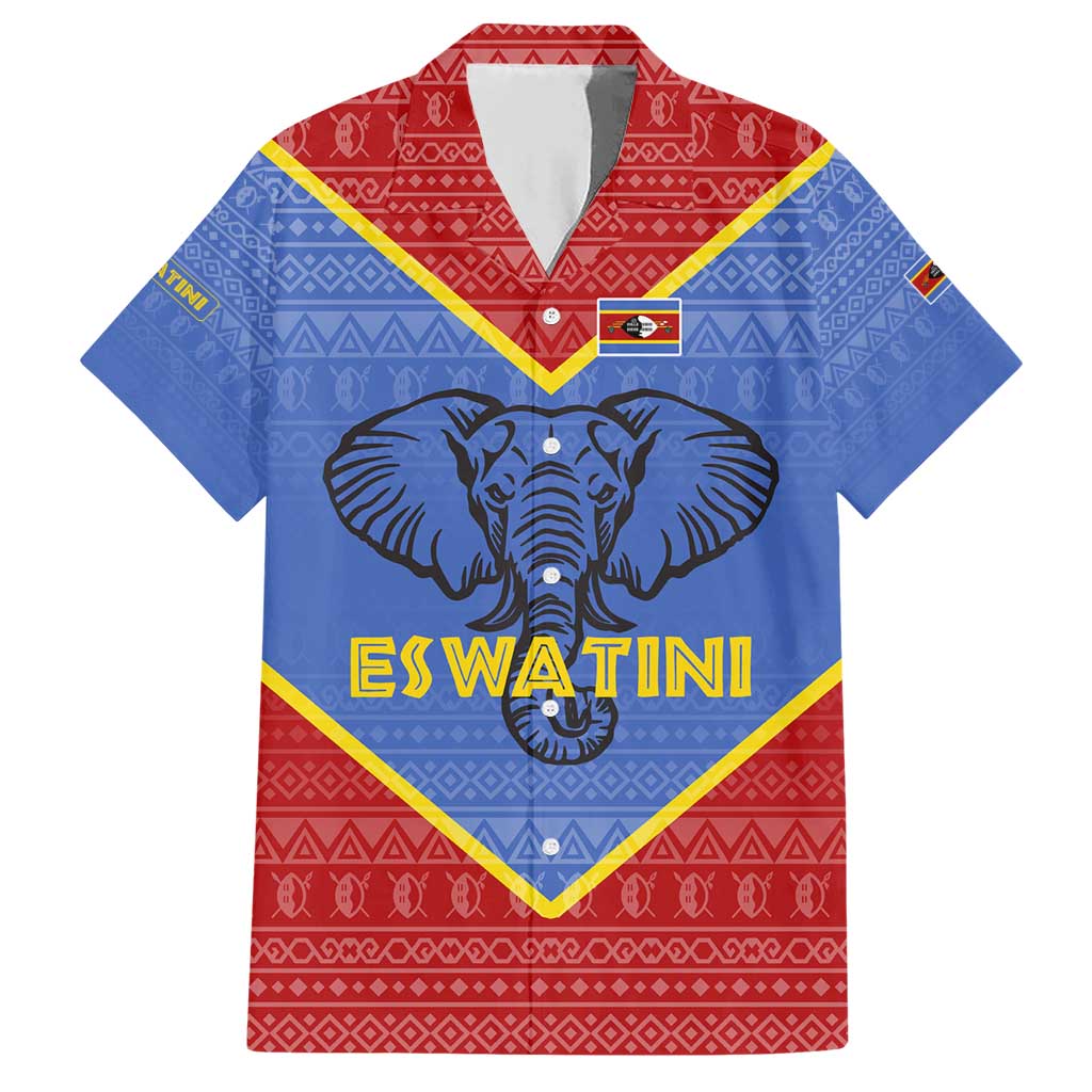 Eswatini Elephant Family Matching Short Sleeve Bodycon Dress and Hawaiian Shirt with Tribal Print and National Flag Details