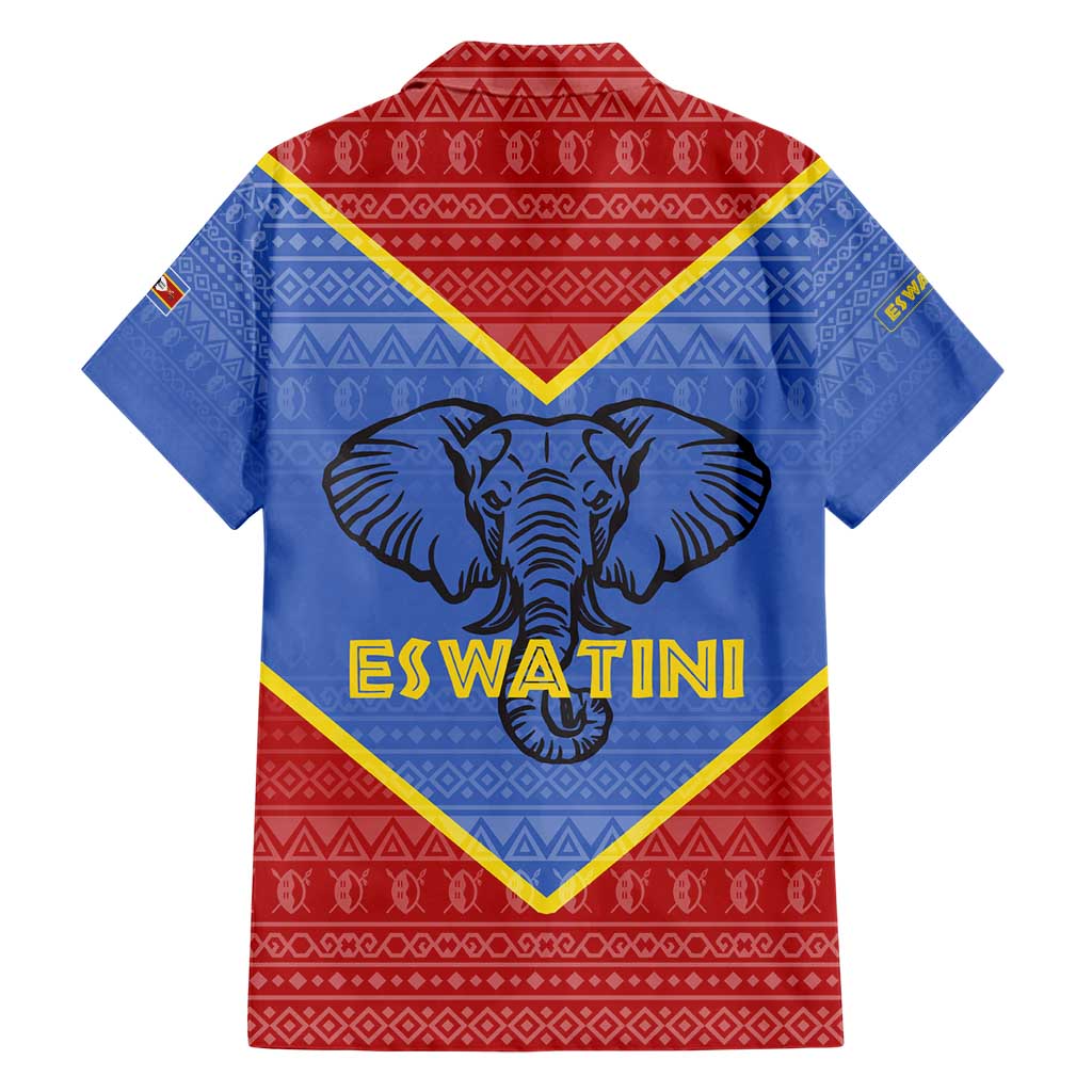 Eswatini Elephant Family Matching Short Sleeve Bodycon Dress and Hawaiian Shirt with Tribal Print and National Flag Details