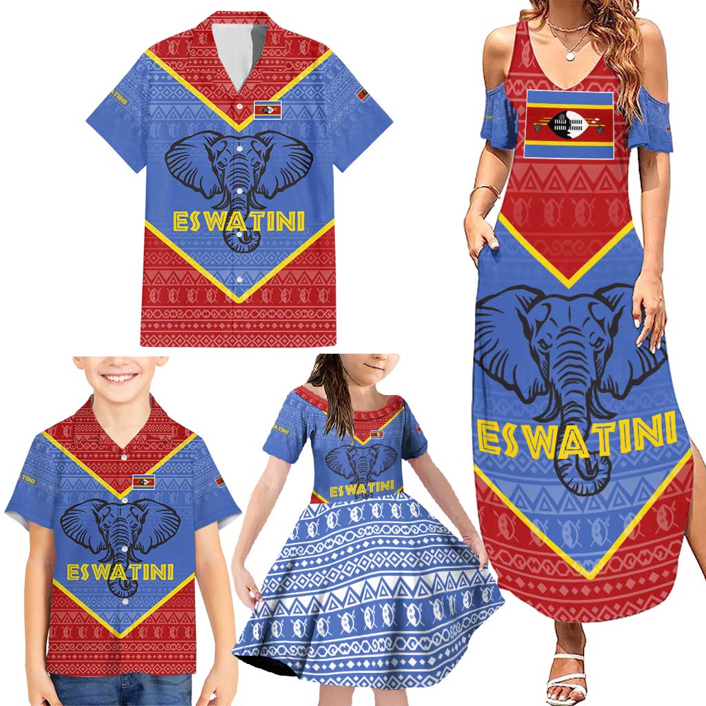 Eswatini Elephant Family Matching Summer Maxi Dress and Hawaiian Shirt with Tribal Print and National Flag Details