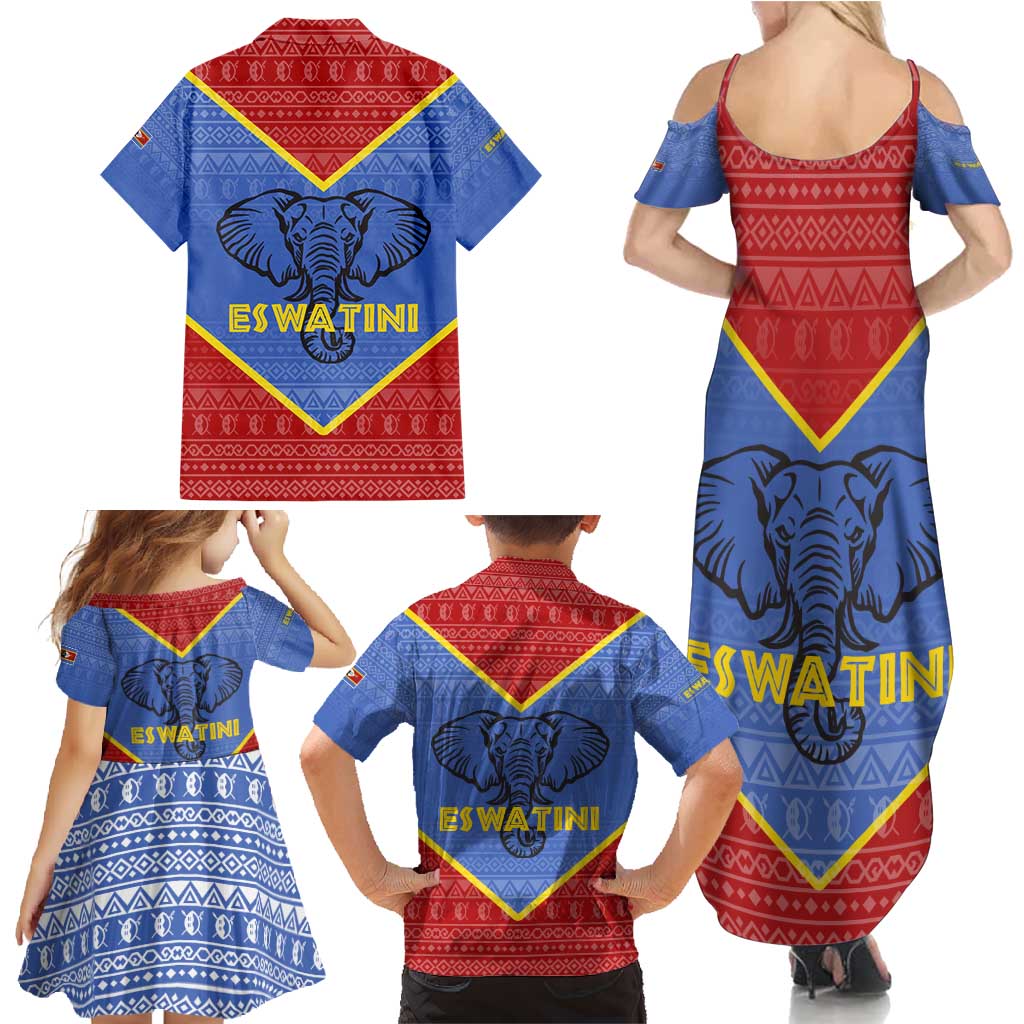 Eswatini Elephant Family Matching Summer Maxi Dress and Hawaiian Shirt with Tribal Print and National Flag Details
