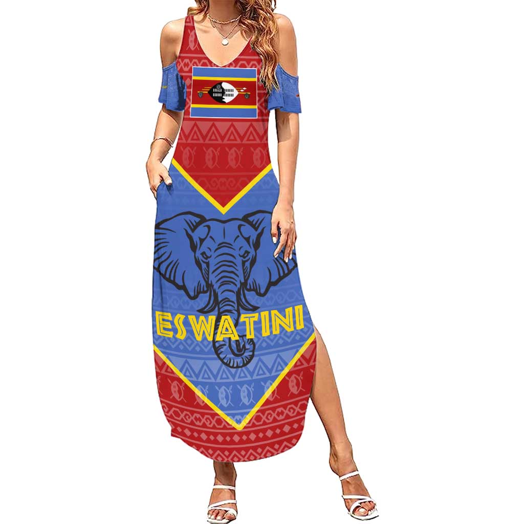 Eswatini Elephant Family Matching Summer Maxi Dress and Hawaiian Shirt with Tribal Print and National Flag Details