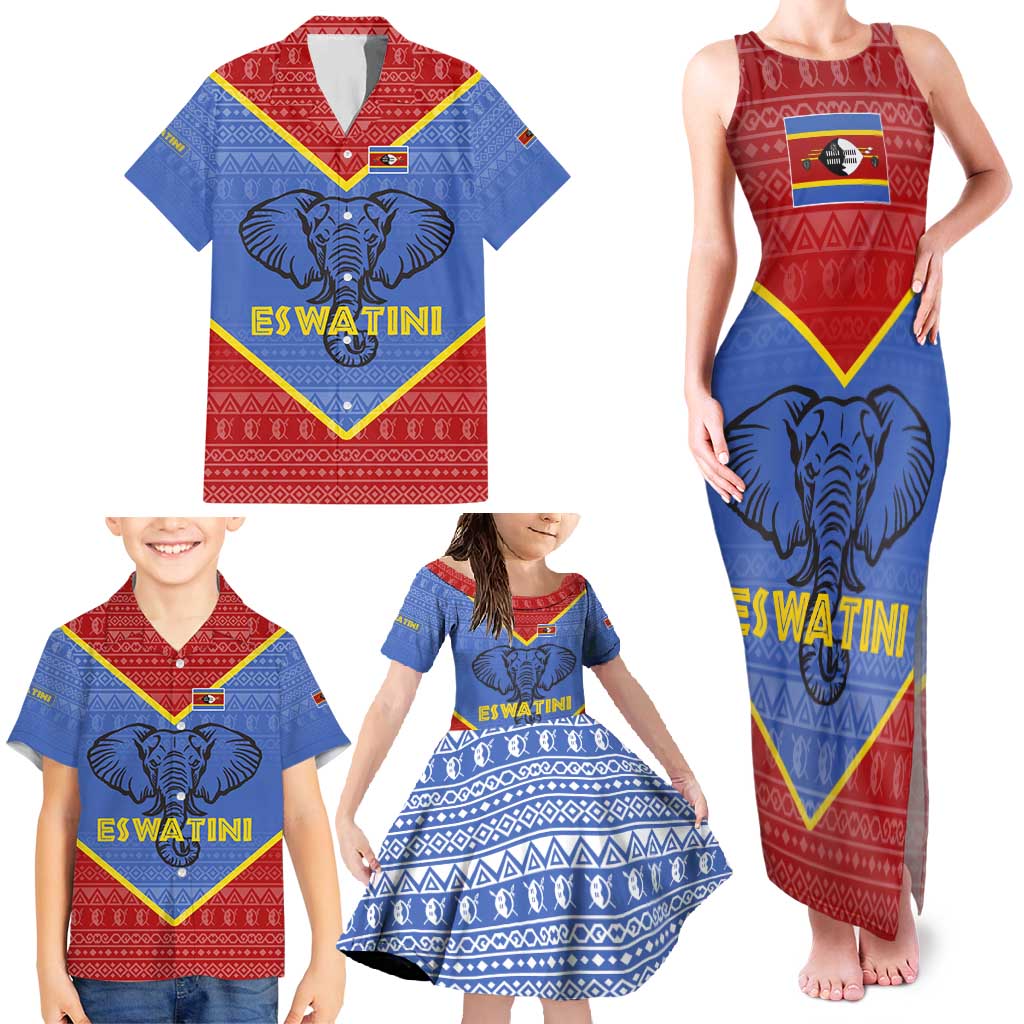Eswatini Elephant Family Matching Tank Maxi Dress and Hawaiian Shirt with Tribal Print and National Flag Details