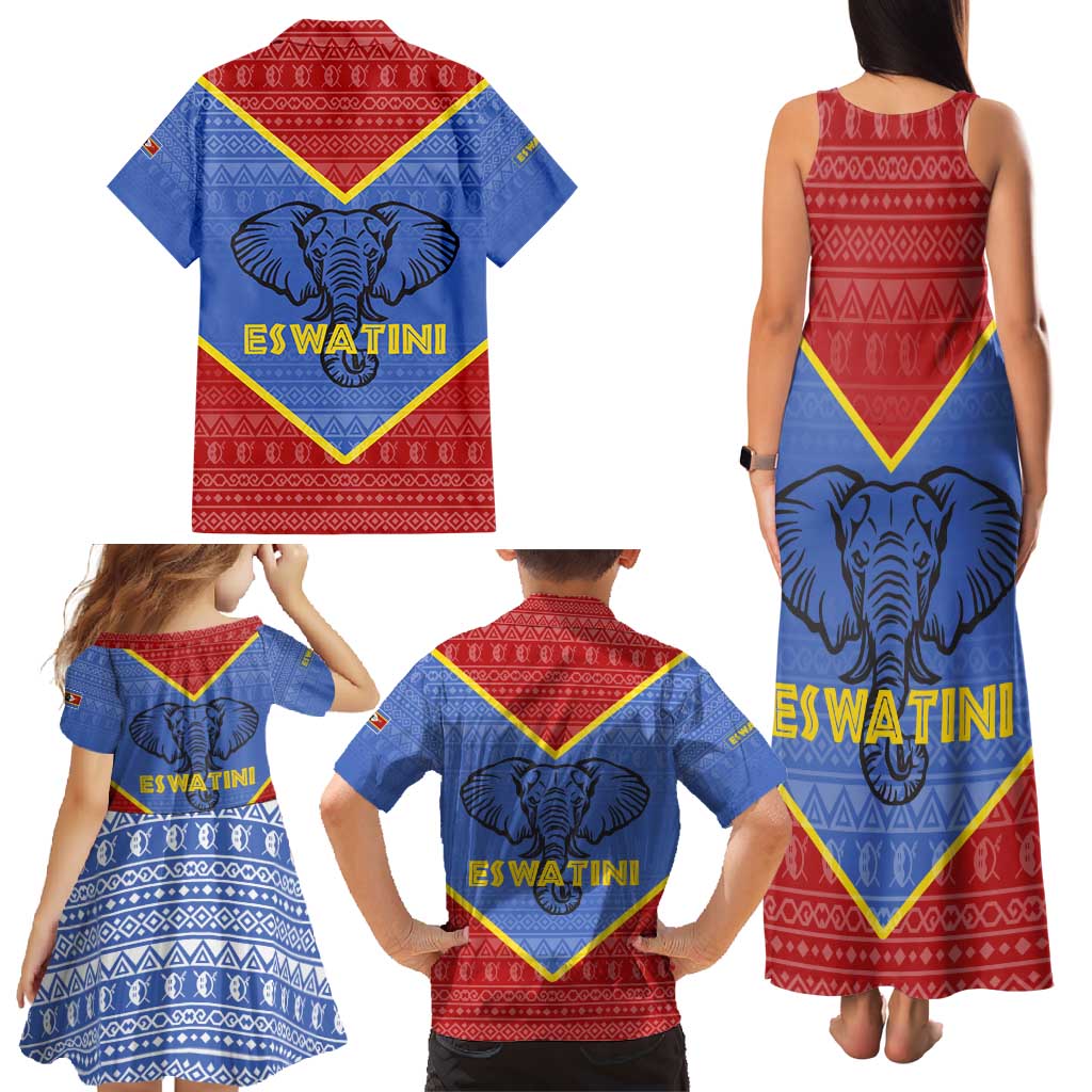 Eswatini Elephant Family Matching Tank Maxi Dress and Hawaiian Shirt with Tribal Print and National Flag Details