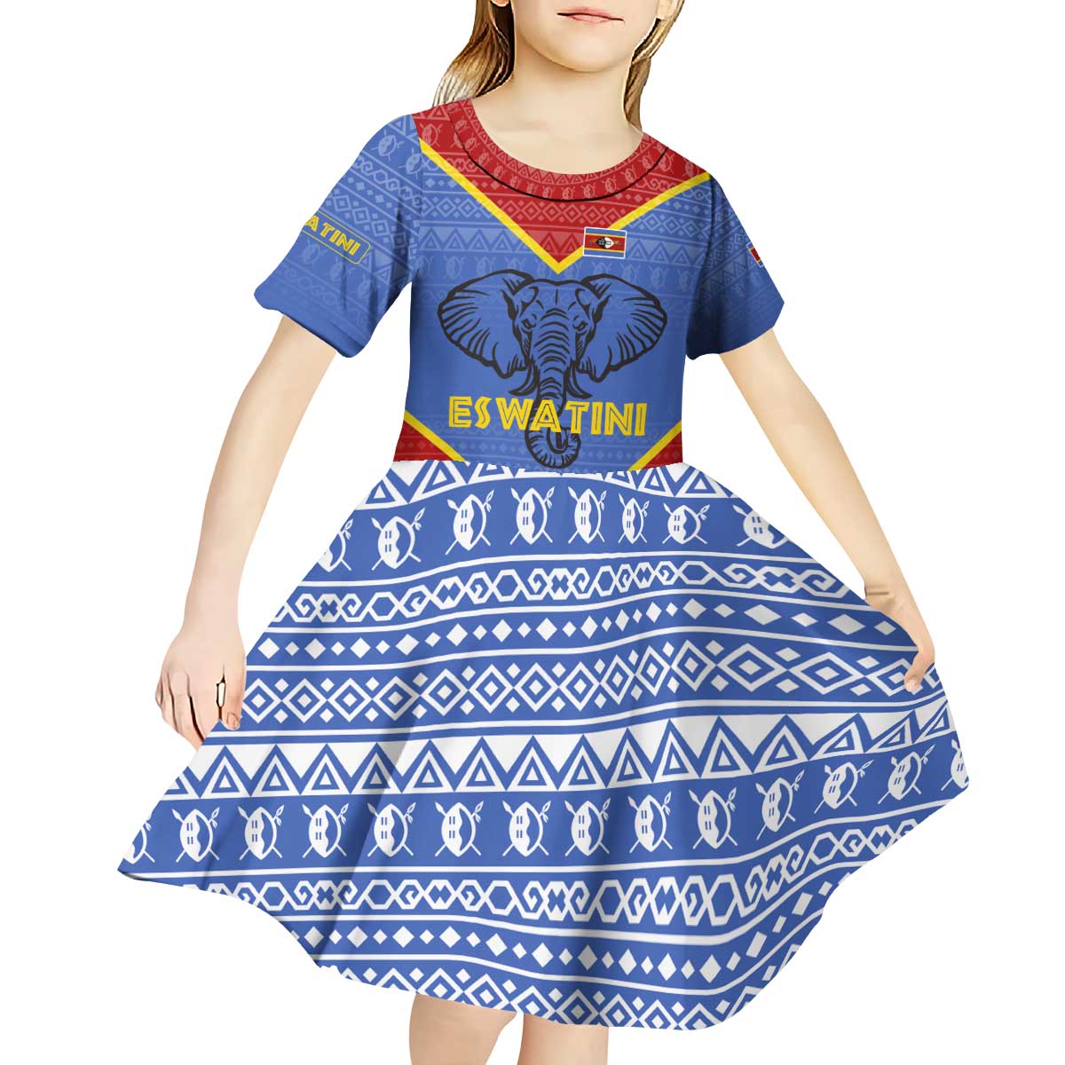 Eswatini Elephant Kid Short Sleeve Dress with Tribal Print and National Flag Details