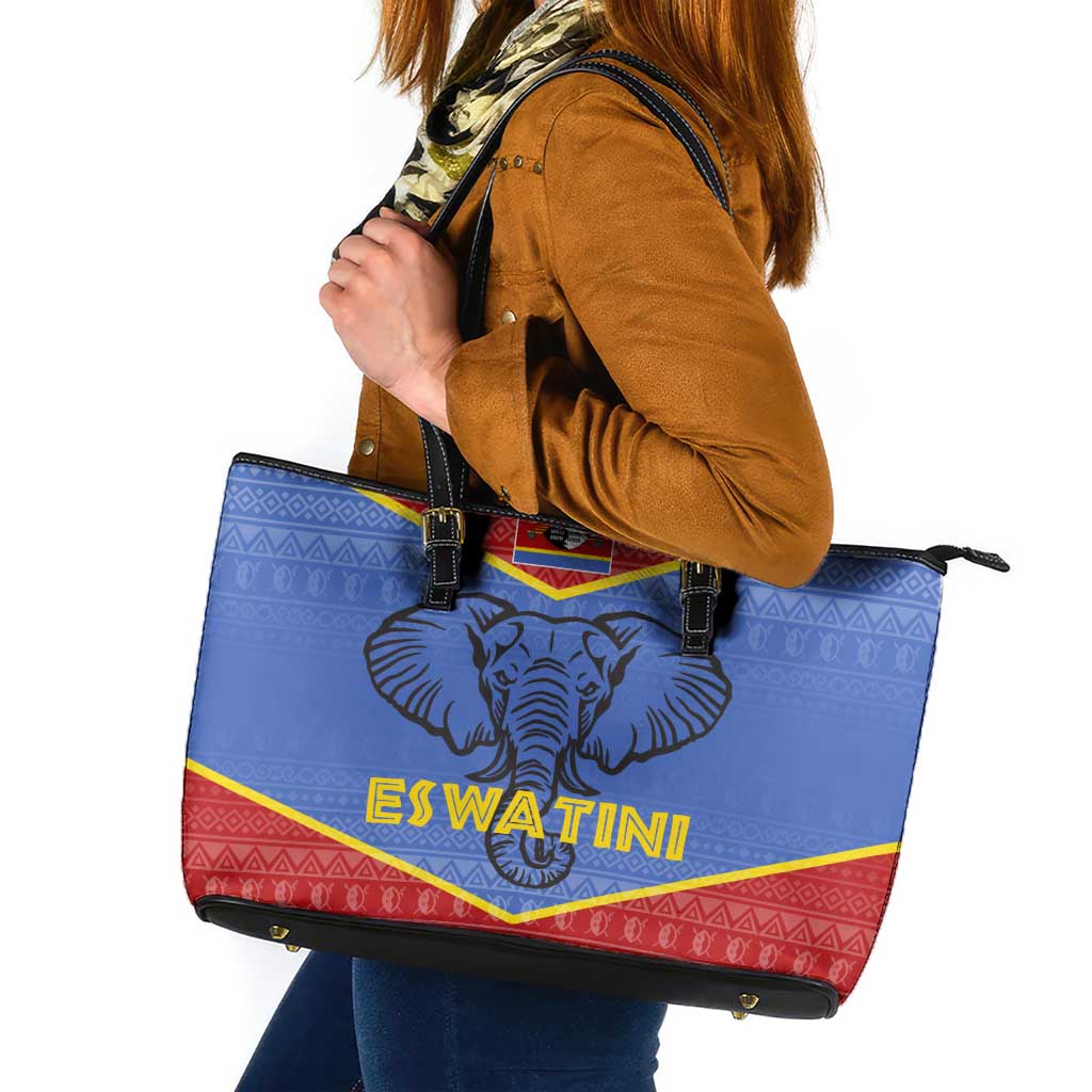 Eswatini Elephant Leather Tote Bag with Tribal Print and National Flag Details
