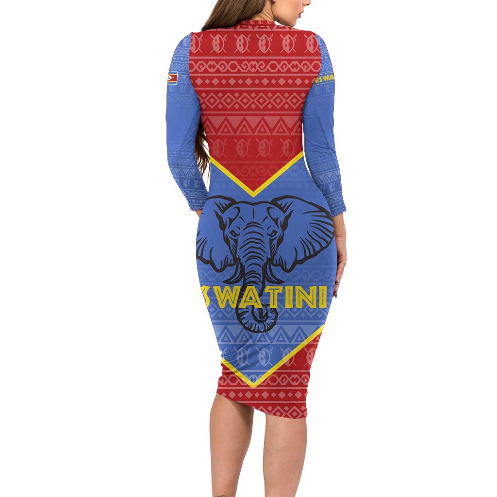 Eswatini Elephant Long Sleeve Bodycon Dress with Tribal Print and National Flag Details