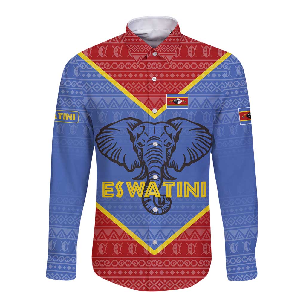 Eswatini Elephant Long Sleeve Button Shirt with Tribal Print and National Flag Details