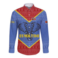 Eswatini Elephant Long Sleeve Button Shirt with Tribal Print and National Flag Details